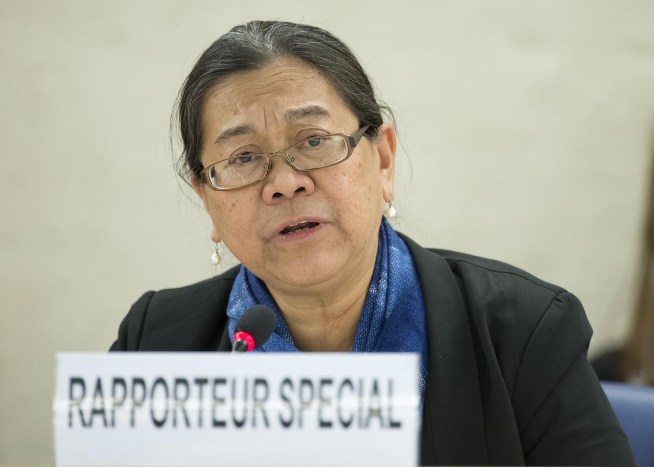 Cecilia Jimenez-Damary, Special Rapporteur on internally displaced persons present his report after missions to Afghanistan, Georgia and Nigeria at a 35th Session of the Human Rights Council. 7 June 2017. UN Photo / Jean-Marc Ferré